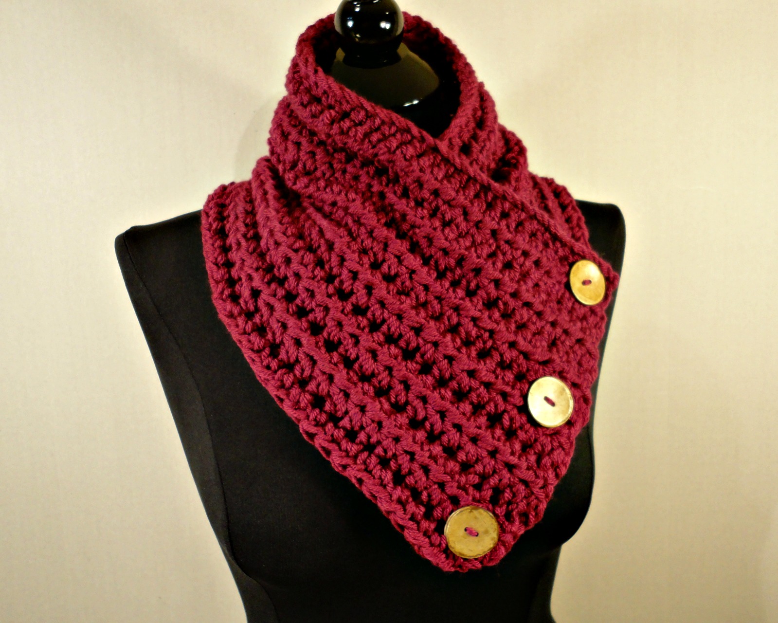 Scarf, Cowl, Neckwarmer, Button Scarf, Crochet Scarf, Cranberry